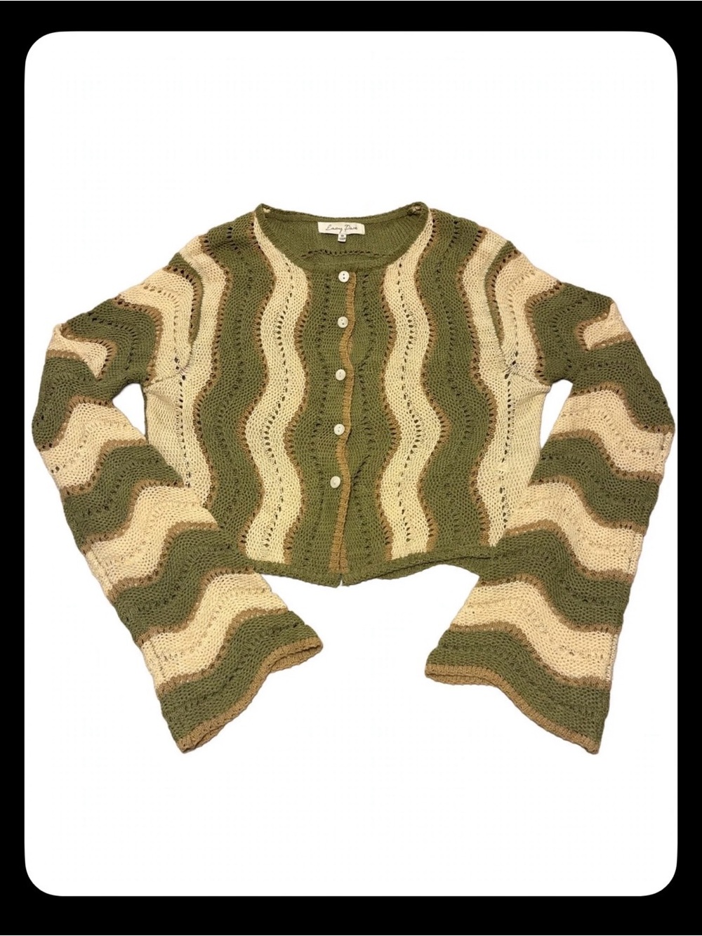 Emory Park Size M Green Beige Wavy Stripe Crochet Cardigan Flare Sleeve Button